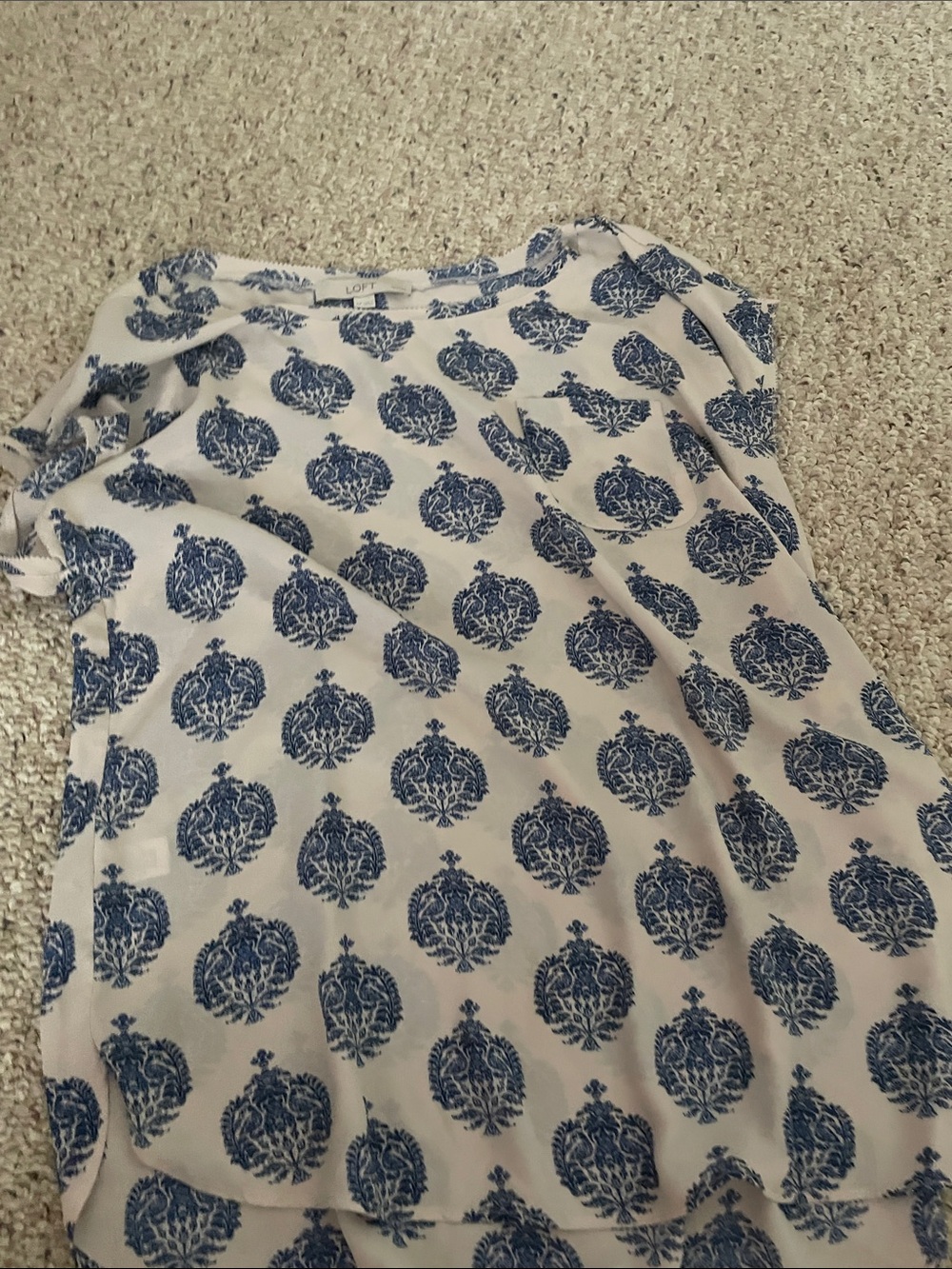 LOFT White Top with Blue Medallion Print